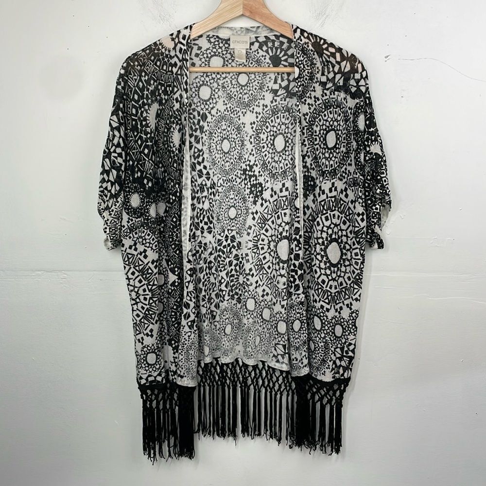 Chico’s Boho Chic Monochrome Fringe Open Front Kimono Top size Small